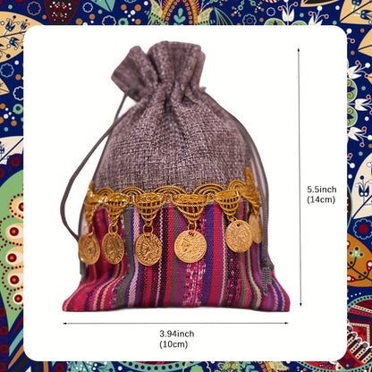 12pcs Vibrant Indian-Inspired Drawstring Bags - Durable Jute with Golden Coin Embellishments, Ideal for Jewelry, Weddings & Birthday Parties, Party Favor Bags|Traditional Design|Jute Material, Jewelry Bag