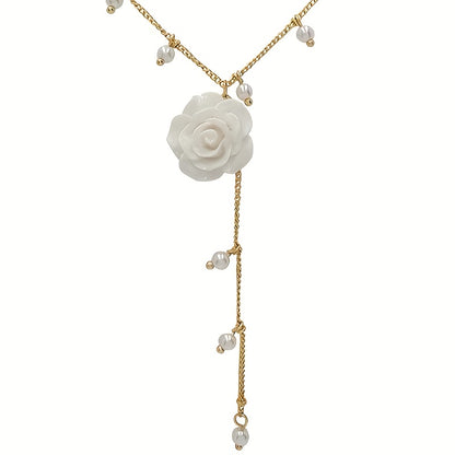 1pc Elegant Rose & Necklace with Cascading Tassel Pendant - White Floral Chain with Green Center, Artificial & Rose, Versatile Everyday Jewelry Gift for Women, Valentine's Day, Anniversary, Birthday, Year-Round Wear