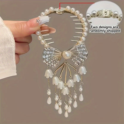 Elegant Rhinestone Butterfly-Lily Hair Clip, Pearl Tassel Bellflower Hair Accessory for Girls, All-Season Versatile Hairpin, Ideal Gift for Special Occasions, Fits Daily And Casual Wear, Over 15, 1pc
