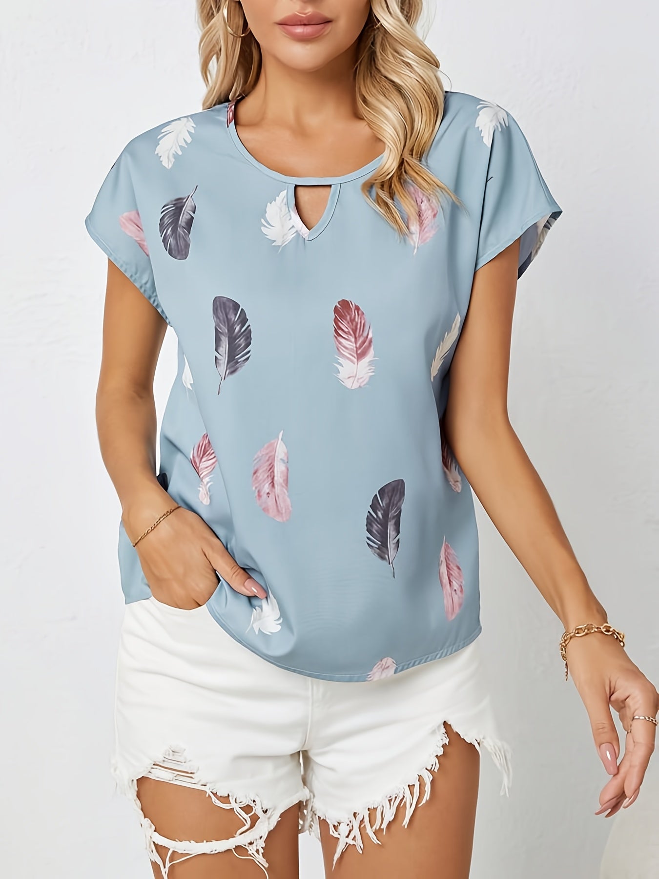 Women'S Elegant Print Round Neck Casual Short Sleeve Blouse - Light Blue with Pink, Black & White Feathers, Soft Polyester Fabric, Perfect for Spring & Summer Outfits, Ladies Blouses