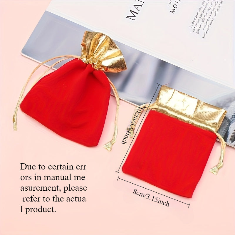 Red Velvet Drawstring Bag with Golden Accents - Elegant Wedding Party Gift, Candy Bag, Jewelry Pouch for Weddings, Birthdays and Special Occasions, Special Event Bag | Luxury Gift Bag | Fashionable Golden Details, Gift Giving