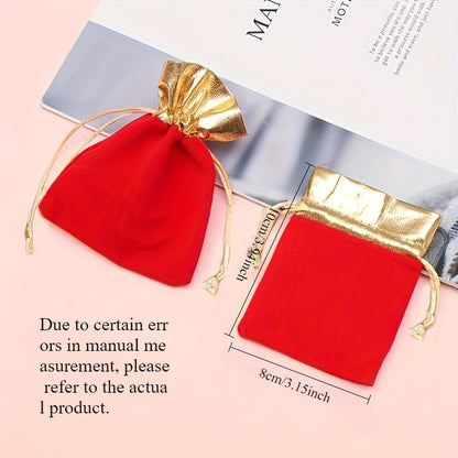 Red Velvet Drawstring Bag with Golden Accents - Elegant Wedding Party Gift, Candy Bag, Jewelry Pouch for Weddings, Birthdays and Special Occasions, Special Event Bag | Luxury Gift Bag | Fashionable Golden Details, Gift Giving