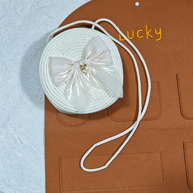 Elegant Coffee-Colored Round Woven Crossbody Bag with Pearl Bow Detail