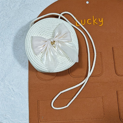 Elegant Coffee-Colored Round Woven Crossbody Bag with Pearl Bow Detail