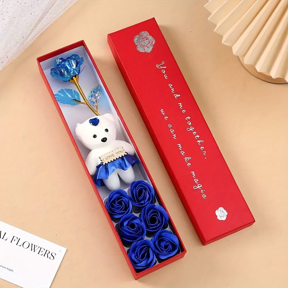 Creative Gift Box with Plush Bear And Artificial Roses - Ideal for Weddings, Birthdays, And Special Occasions, Romantic Gift Box|Playful Design|Durable Plastic Box, Flower Gift Box, Halloween, Christmas
