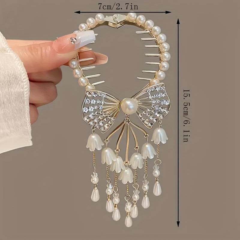 Elegant Rhinestone Butterfly-Lily Hair Clip, Pearl Tassel Bellflower Hair Accessory for Girls, All-Season Versatile Hairpin, Ideal Gift for Special Occasions, Fits Daily And Casual Wear, Over 15, 1pc