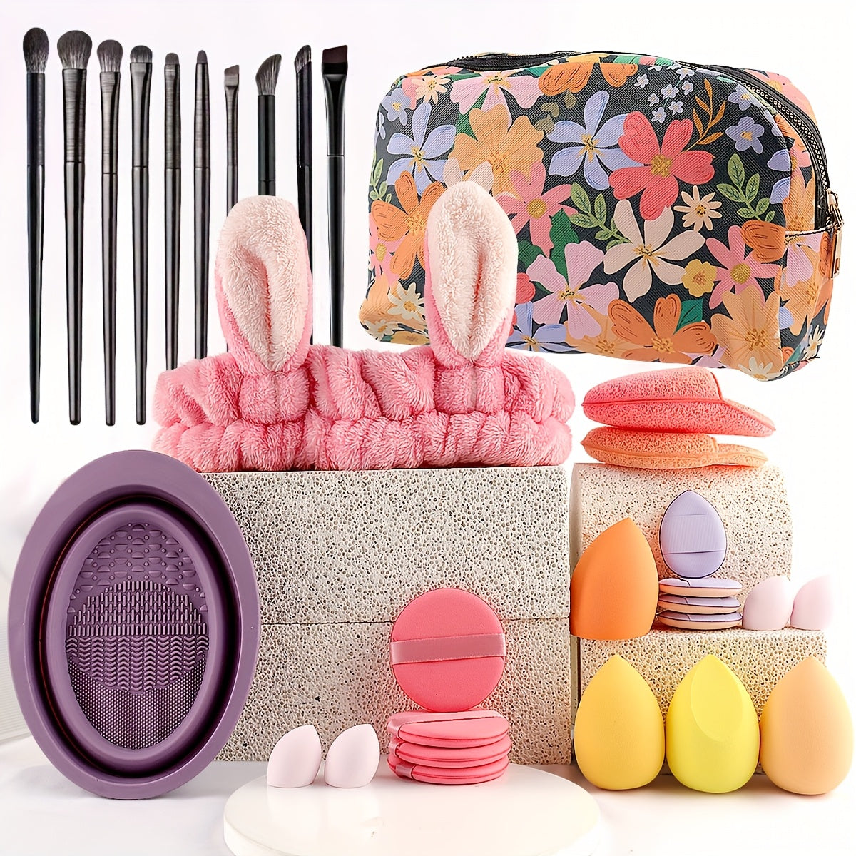 46pcs/45pcs/40pcs/20pcs/35pcs27pcs Makeup Brush Set Facial and Eye Shadow Brushes Super Soft Concealer, Blush, Contouring, Mixing, Eyeshadow, Makeup Sponge Set Powder Puff Suitable for All Skin Types, Face Washing Hair Tie Co