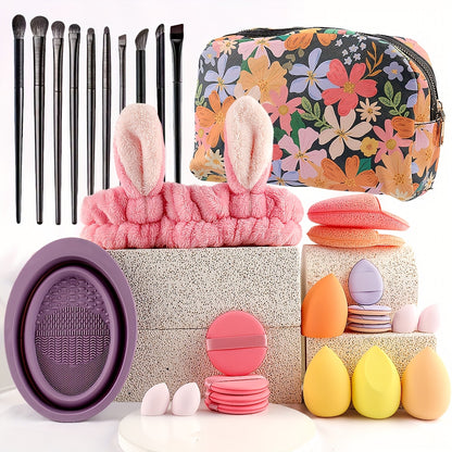 46pcs/45pcs/40pcs/20pcs/35pcs27pcs Makeup Brush Set Facial and Eye Shadow Brushes Super Soft Concealer, Blush, Contouring, Mixing, Eyeshadow, Makeup Sponge Set Powder Puff Suitable for All Skin Types, Face Washing Hair Tie Co