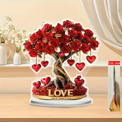 2D Flat, 1pc Bohemian Acrylic 2D Crystal Heart Rose Tree Decoration with Golden Base & Red Roses - "Tree of Love" English Inscription, No Batteries Needed, 2D Flat, Christmas Decor
