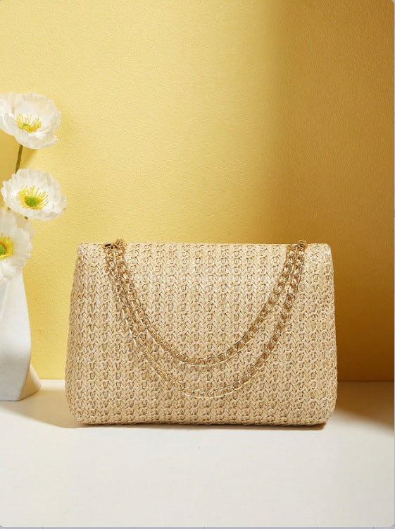 Elegant Beige Woven Shoulder Bag with Chain Strap and Turn-lock Closure