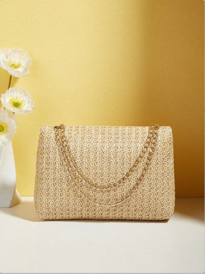 Elegant Beige Woven Shoulder Bag with Chain Strap and Turn-lock Closure