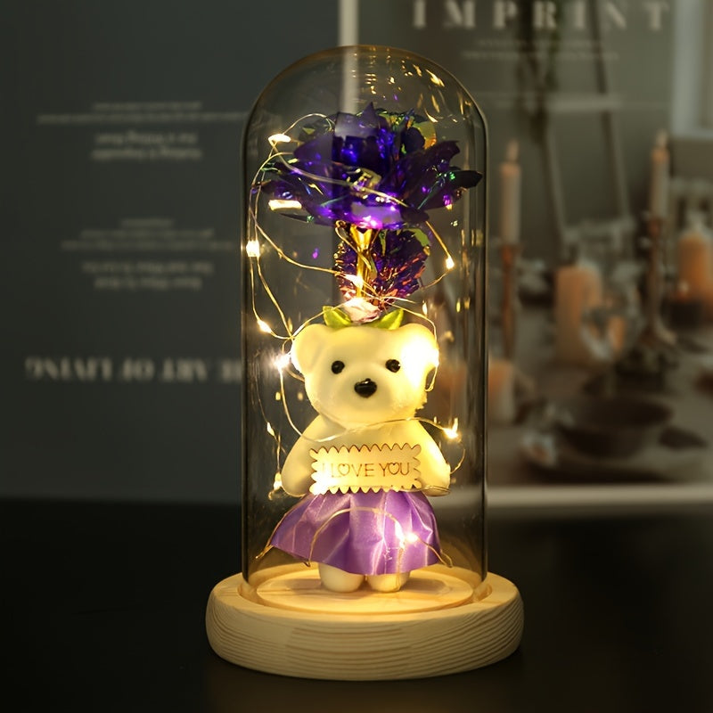 LED Lighted Golden Foil Flower with Bear, Plastic 3D Rose Gift Set, Battery Operated, Home & Kitchen Decor, Perfect for Valentine's Day & General Holidays, No Batteries Included
