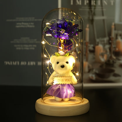 LED Lighted Golden Foil Flower with Bear, Plastic 3D Rose Gift Set, Battery Operated, Home & Kitchen Decor, Perfect for Valentine's Day & General Holidays, No Batteries Included