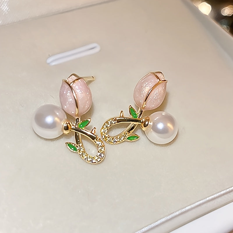 Luxury Floral Stud Earrings with Faux & Rhinestone Tassels, Copper Base & 925 Sterling Silver