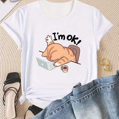 Women'S Casual Crew Neck Short Sleeve T-Shirt - "I'm Ok!" Cat Design, Soft & Comfortable Fabric, Perfect for Spring & Summer Outfits, Casual Wear | Playful Graphic Tee | Comfortable Fit