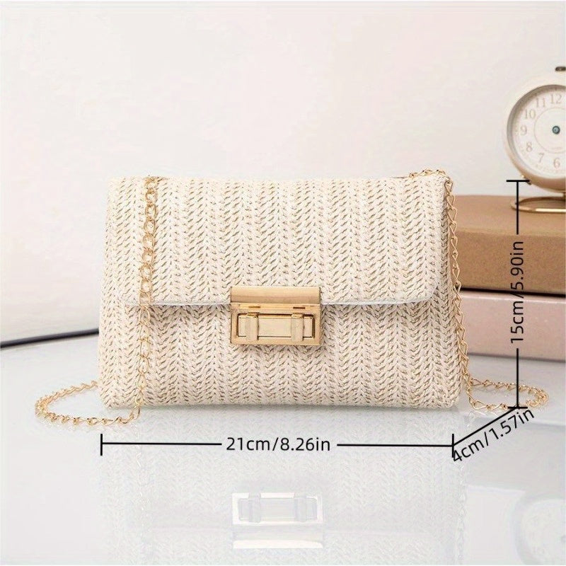 Elegant Beige Woven Shoulder Bag with Chain Strap and Turn-lock Closure