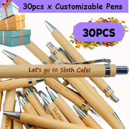 30pcs Customized Engraved Bamboo Pens, Black Ink, Stick Construction, for Teachers, Office, Supplies, Colleagues, Employee Appreciation Gifts - Ideal for Camping Stationery, Customized Stationery, Corporate Giveaways, Teacher