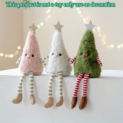 Cute Plush Christmas Tree Figurine Pendant with Stars & Striped Socks - Pink, White Green Fabric Holiday Decor for Home Living Room Windows No Electricity Needed Perfect for Xmas New Year Winter Tailgate Parties Halloween Fal