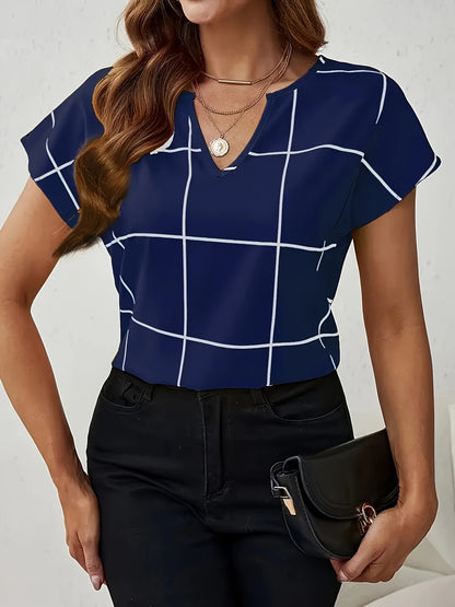 Women's Casual Plaid Print Shirt, V-Neck Short Sleeve Buttonless Blouse, Perfect for Spring and Summer Daily Outings, Vacation, Commuting, Stylish Women's Top, Cute T-Shirt, V-Neck, Summer Wear, Elegant Top, Casual Shirt, Ret