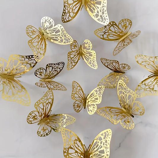 12pcs 3D Butterfly Wall Stickers, Golden and Silvery Colorful Butterflies Party Decorations for Birthday Wedding Balloon Room Decoration
