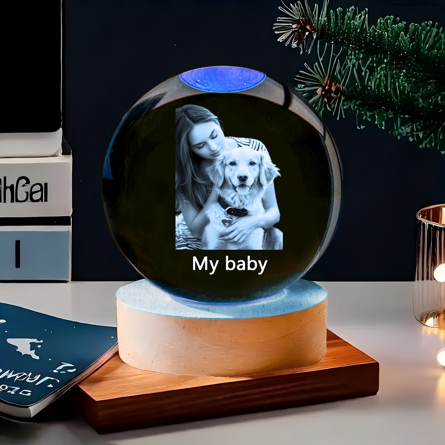 Customizable Crystal Ball with Wooden Base - Personalized Photo Glass Sphere for Bedroom, Living Room Decor - Ideal Gift for Birthdays, Valentine'S Day, Thanksgiving, Christmas - DIY Engraved Option, USB Powered, No Battery N