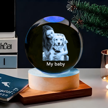 Customizable Crystal Ball with Wooden Base - Personalized Photo Glass Sphere for Bedroom, Living Room Decor - Ideal Gift for Birthdays, Valentine'S Day, Thanksgiving, Christmas - DIY Engraved Option, USB Powered, No Battery N