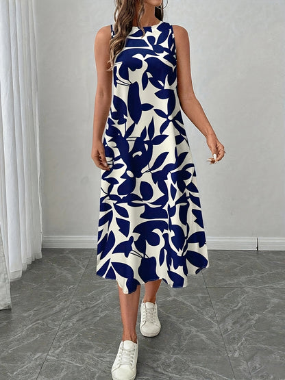 Women'S Elegant Floral Print Sleeveless Dress - Casual Summer Style, Round Neck, Lightweight Polyester, Perfect for Casual Attire, Allseason Dress | Floral Print Dress | Lightweight Dress
