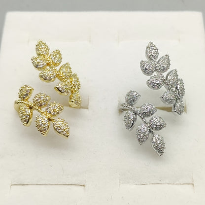 Adjustable Ladies' Ring With Trendy Copper Inlaid With Zirconia, Featuring Tree Leaves And Wheat Spikes