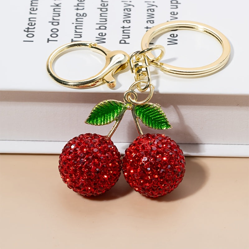 1pc Creative Cute Fruit Rhinestone Cherry Keychain for Women, Alloy Metal, Cartoon Plant Theme, Lobster Clasp, Decorative Car Key Pendant, Birthday Festival Gift, Key Accessories