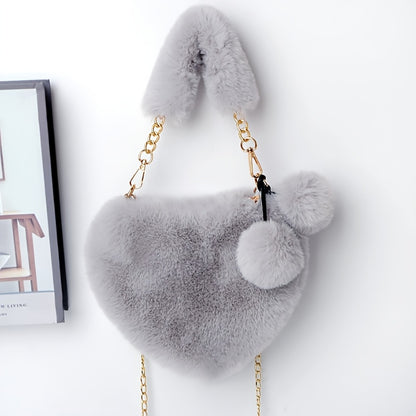 1pc Cozy Heart-Shaped Faux Fur Crossbody Bag, Polyester Plush Love Purse with Chain Shoulder Strap, Soft Pink/White/Black Fashion Handbag, Ideal for Christmas & Valentine'S Day Gifts