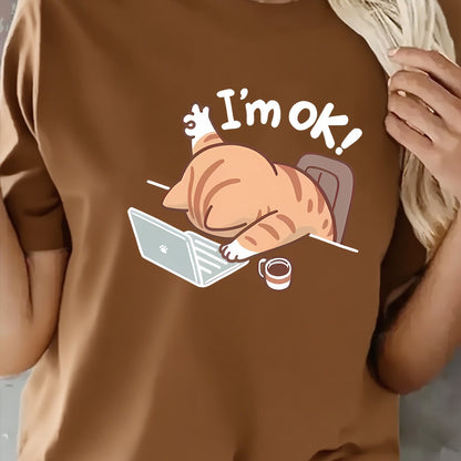 Women'S Casual Crew Neck Short Sleeve T-Shirt - "I'm Ok!" Cat Design, Soft & Comfortable Fabric, Perfect for Spring & Summer Outfits, Casual Wear | Playful Graphic Tee | Comfortable Fit