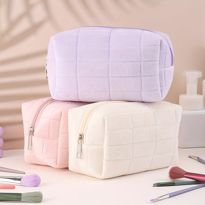 Soft Plaid Polyester Makeup Bag - Large Capacity, Odorless Travel Cosmetic Pouch with Zipper for Brushes & Storage,