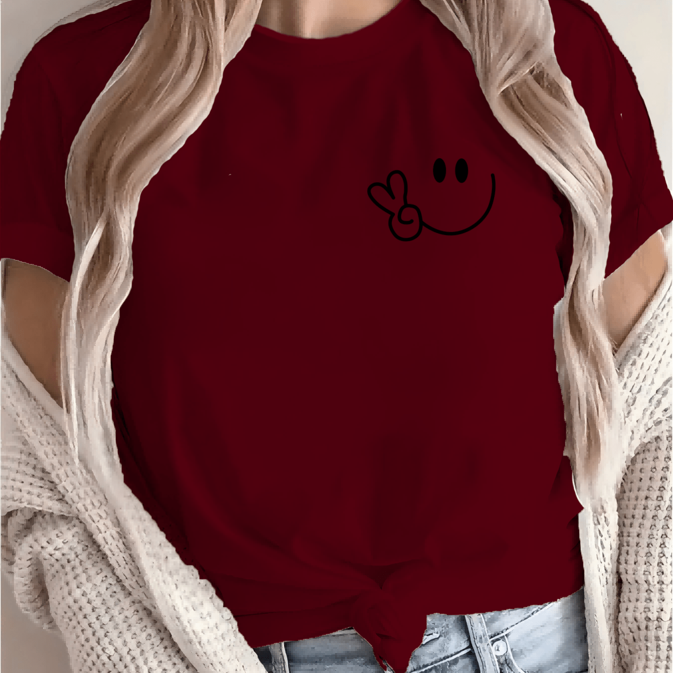 Women'S Casual Crew Neck T-Shirt with Smile Face Graphic, Short Sleeve, Regular Length, Letter Print Design, Soft Fabric, Perfect for Spring and Fall