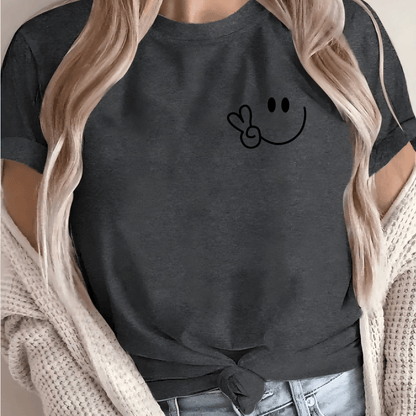 Women'S Casual Crew Neck T-Shirt with Smile Face Graphic, Short Sleeve, Regular Length, Letter Print Design, Soft Fabric, Perfect for Spring and Fall
