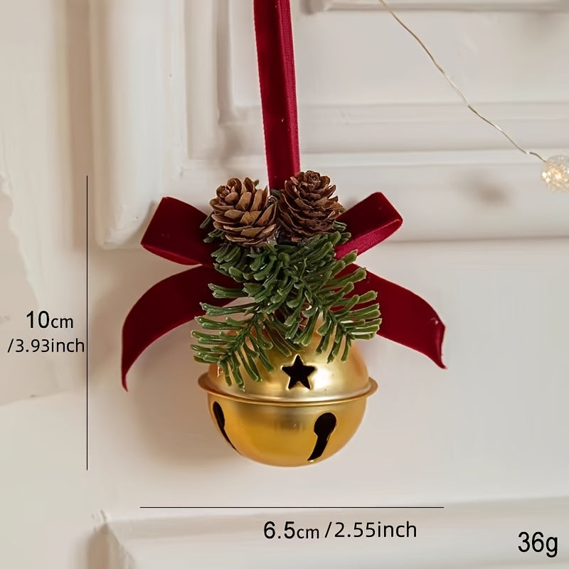 1pc Classic Christmas Door Hanger, Red Velvet Bow and Bell Ornament, Stainless Steel Holiday Tree Decoration, No Feathers, Electricity-Free Festive Accessory