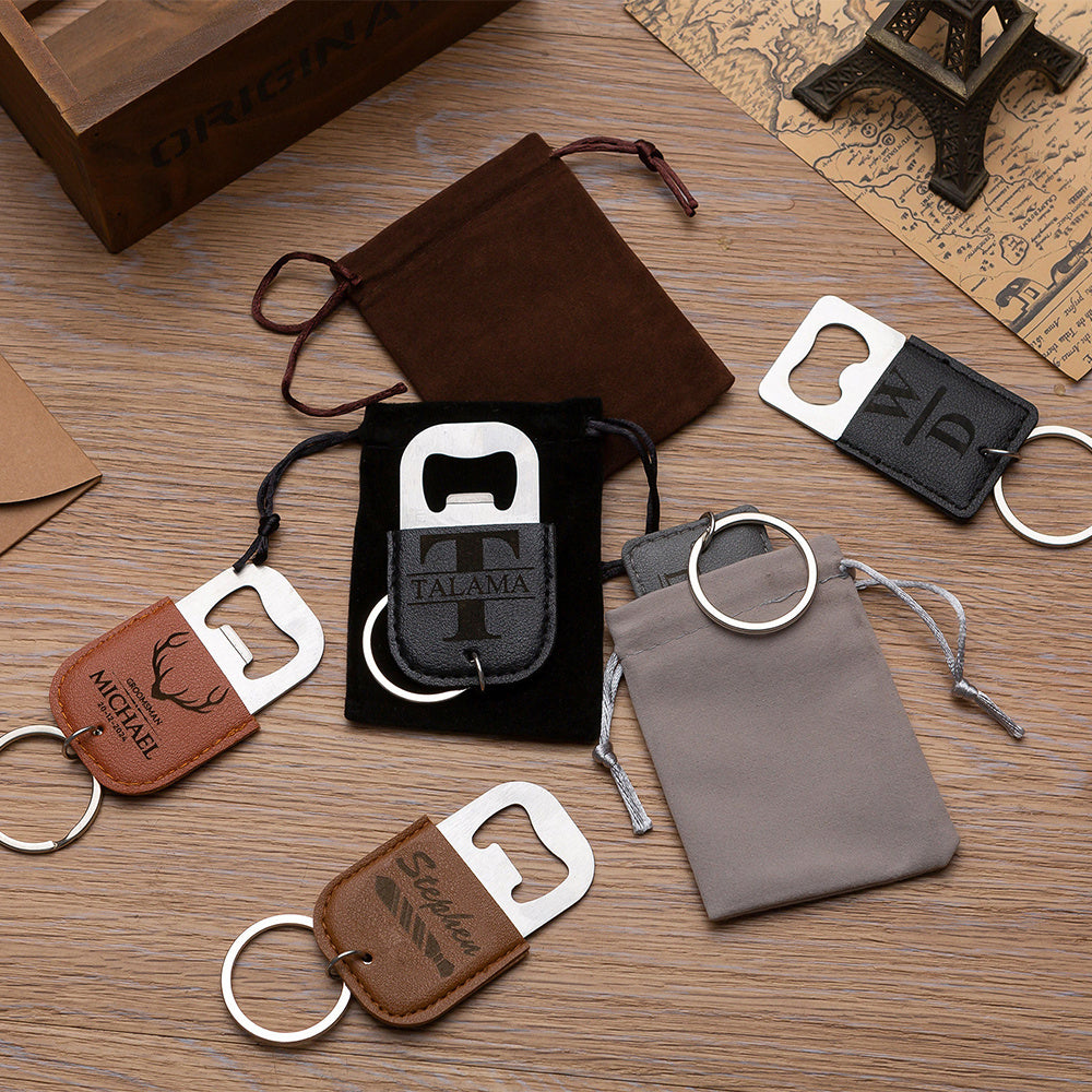 Personalized Bottle Opener Keychain - Custom Logo/Text, Heavy-Duty Synthetic Faux Leather Keyring with Opening Mechanism, Elegant Bottle Opener for Men, Dad, Groomsmen - Birthday, Wedding, Anniversary Gifts - No Electricity N