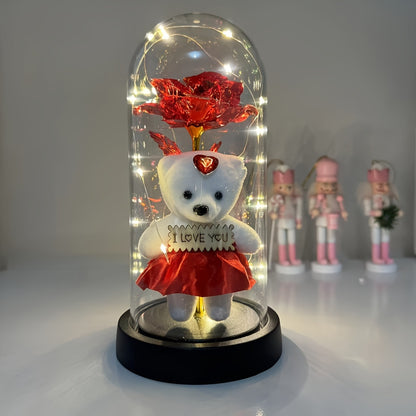 LED Lighted Golden Foil Flower with Bear, Plastic 3D Rose Gift Set, Battery Operated, Home & Kitchen Decor, Perfect for Valentine's Day & General Holidays, No Batteries Included