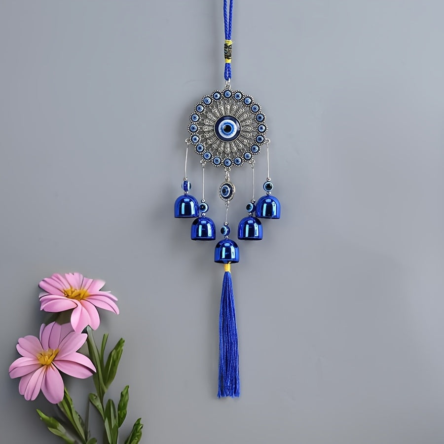 1pc Blue Evil Eye Wind Chime with Tassels – Metal Wall Hanging Decor for Outdoor, Balcony, or Patio – Intricate Design with Bells and Threads in Blue and Yellow, Wind Chimes for Outside