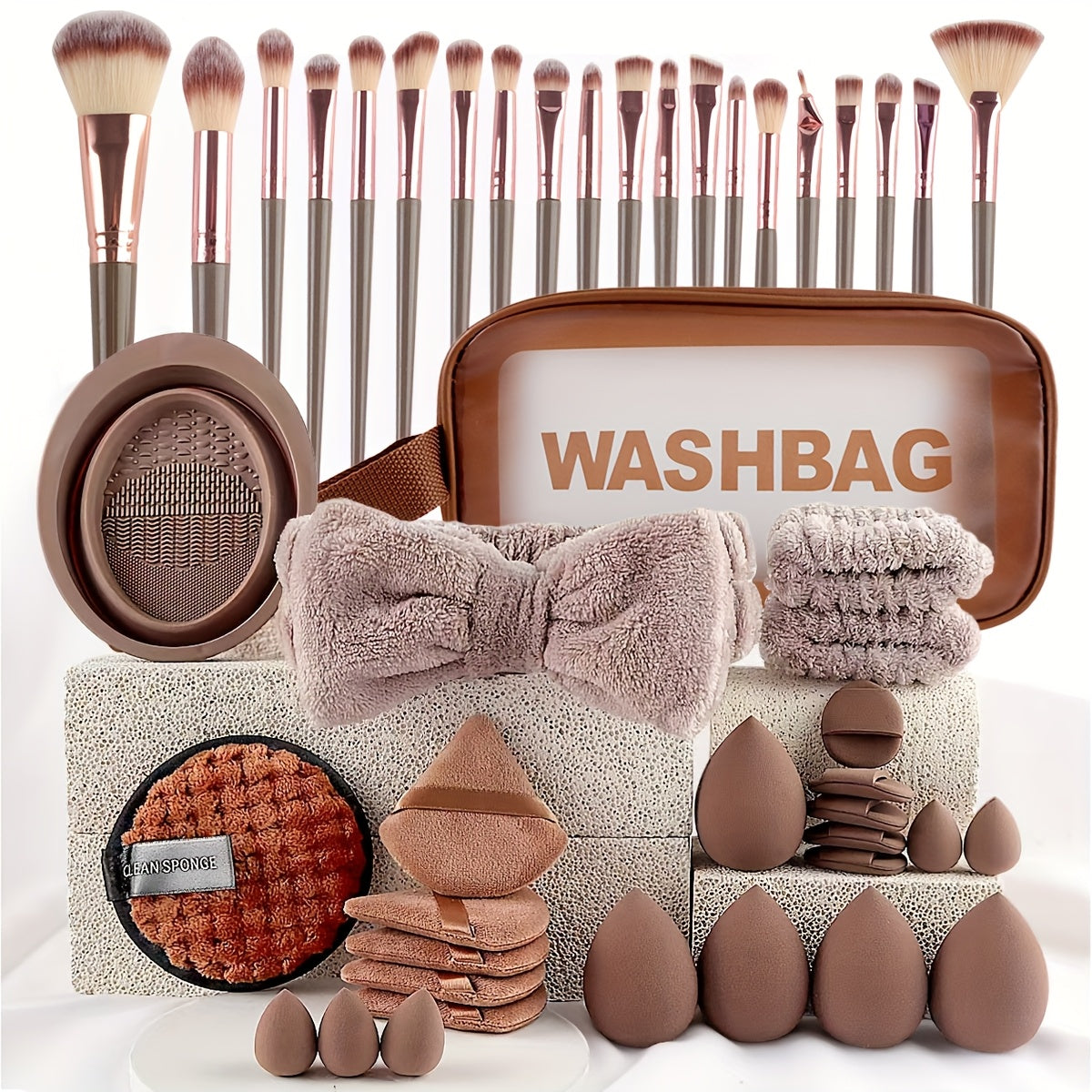 46pcs/45pcs/40pcs/20pcs/35pcs27pcs Makeup Brush Set Facial and Eye Shadow Brushes Super Soft Concealer, Blush, Contouring, Mixing, Eyeshadow, Makeup Sponge Set Powder Puff Suitable for All Skin Types, Face Washing Hair Tie Co