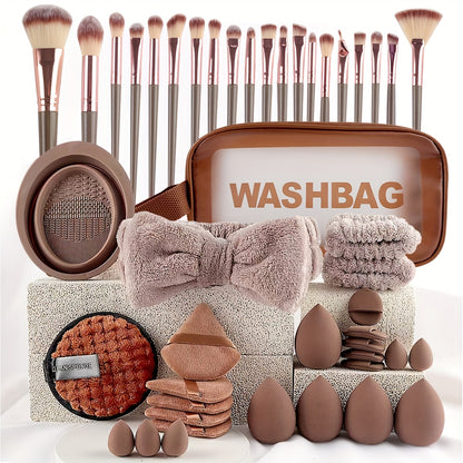 46pcs/45pcs/40pcs/20pcs/35pcs27pcs Makeup Brush Set Facial and Eye Shadow Brushes Super Soft Concealer, Blush, Contouring, Mixing, Eyeshadow, Makeup Sponge Set Powder Puff Suitable for All Skin Types, Face Washing Hair Tie Co