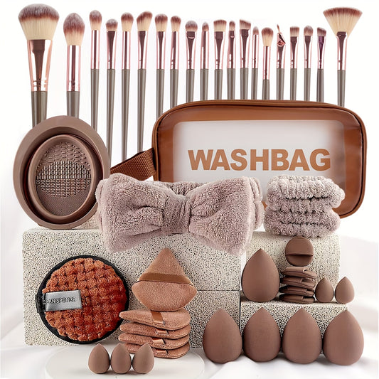 46pcs/45pcs/40pcs/20pcs/35pcs27pcs Makeup Brush Set Facial and Eye Shadow Brushes Super Soft Concealer, Blush, Contouring, Mixing, Eyeshadow, Makeup Sponge Set Powder Puff Suitable for All Skin Types, Face Washing Hair Tie Co