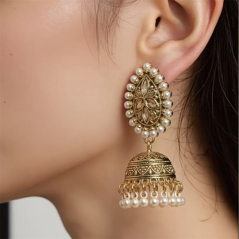 Bohemian Ethnic Golden-Tone Earrings with Imitation Pearl Accents & Synthetic Stones