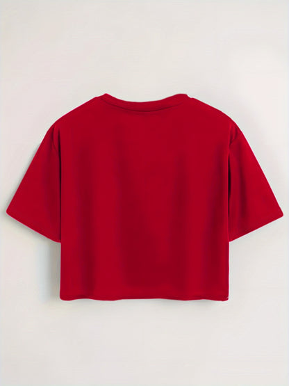 Women'S Red Heart & Butterfly Print Crop Top T-Shirt - Casual Round Neck Short Sleeve, Lightweight Polyester, Machine Washable, Spring/Summer Fashion Essential, Versatile Streetwear, Butterfly Shirt