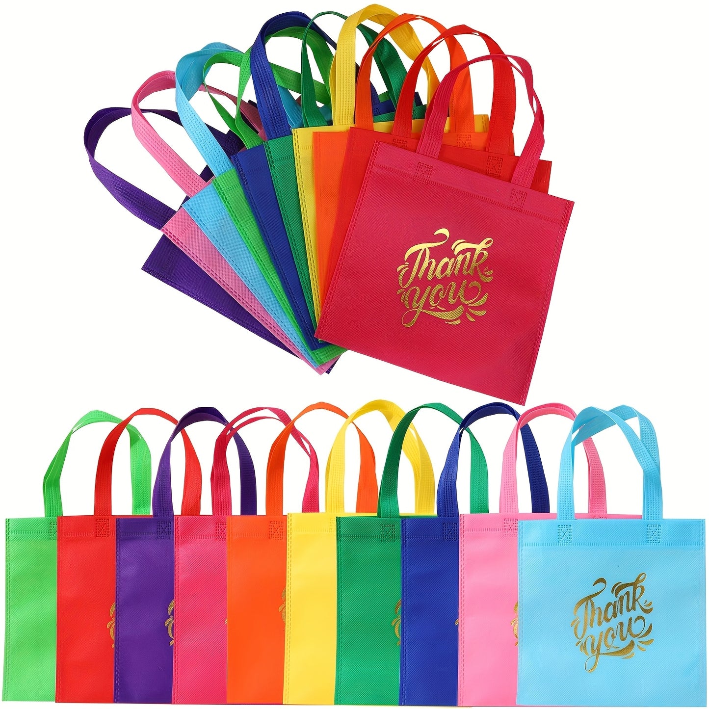 10pcs Thank You Gift Bags - Reusable Non-Woven Tote Bags with Rainbow Colors & Golden Glitter "Thank You" Design, Sturdy Handles for Birthdays, Weddings, Holidays, Small Business Gifts, Small Gift Bags, Event Favor Bags, Eleg
