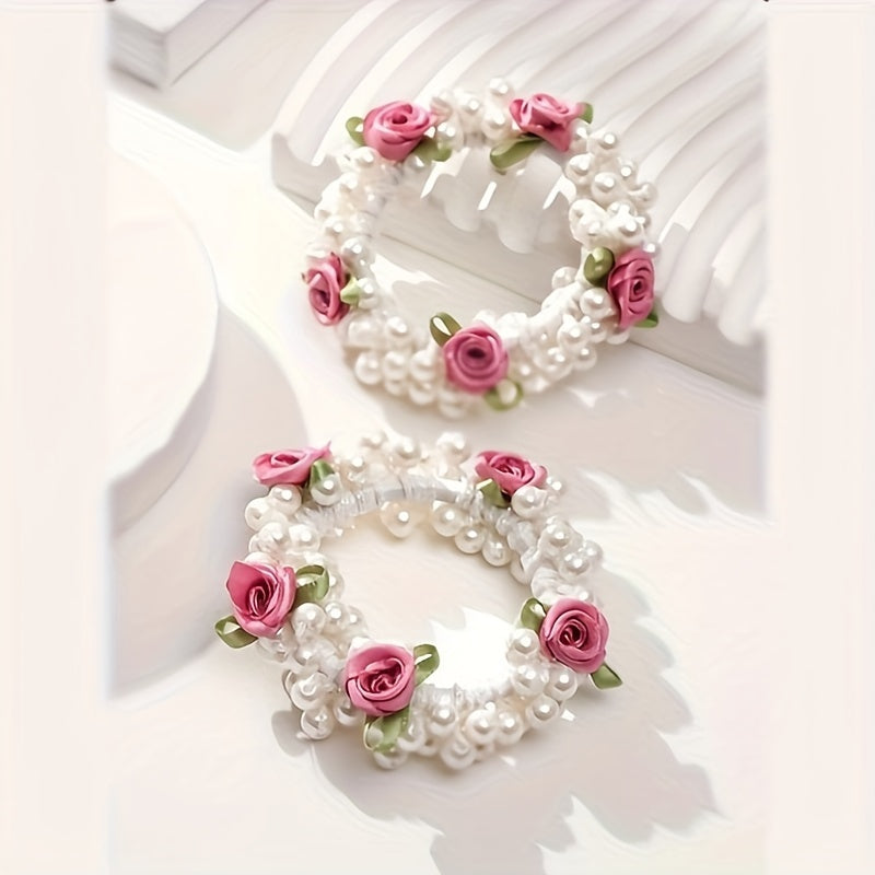 2pcs Elegant White Floral & Pearl Hair Accessories - Pink Rose Adorned, Perfect for Daily Wear, Weddings & Flower Girls, Spring/Summer Collection, Wedding Hair Accessories