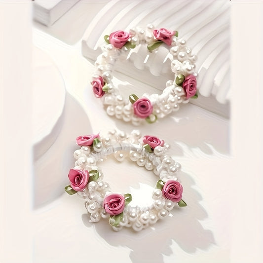 2pcs Elegant White Floral & Pearl Hair Accessories - Pink Rose Adorned, Perfect for Daily Wear, Weddings & Flower Girls, Spring/Summer Collection, Wedding Hair Accessories