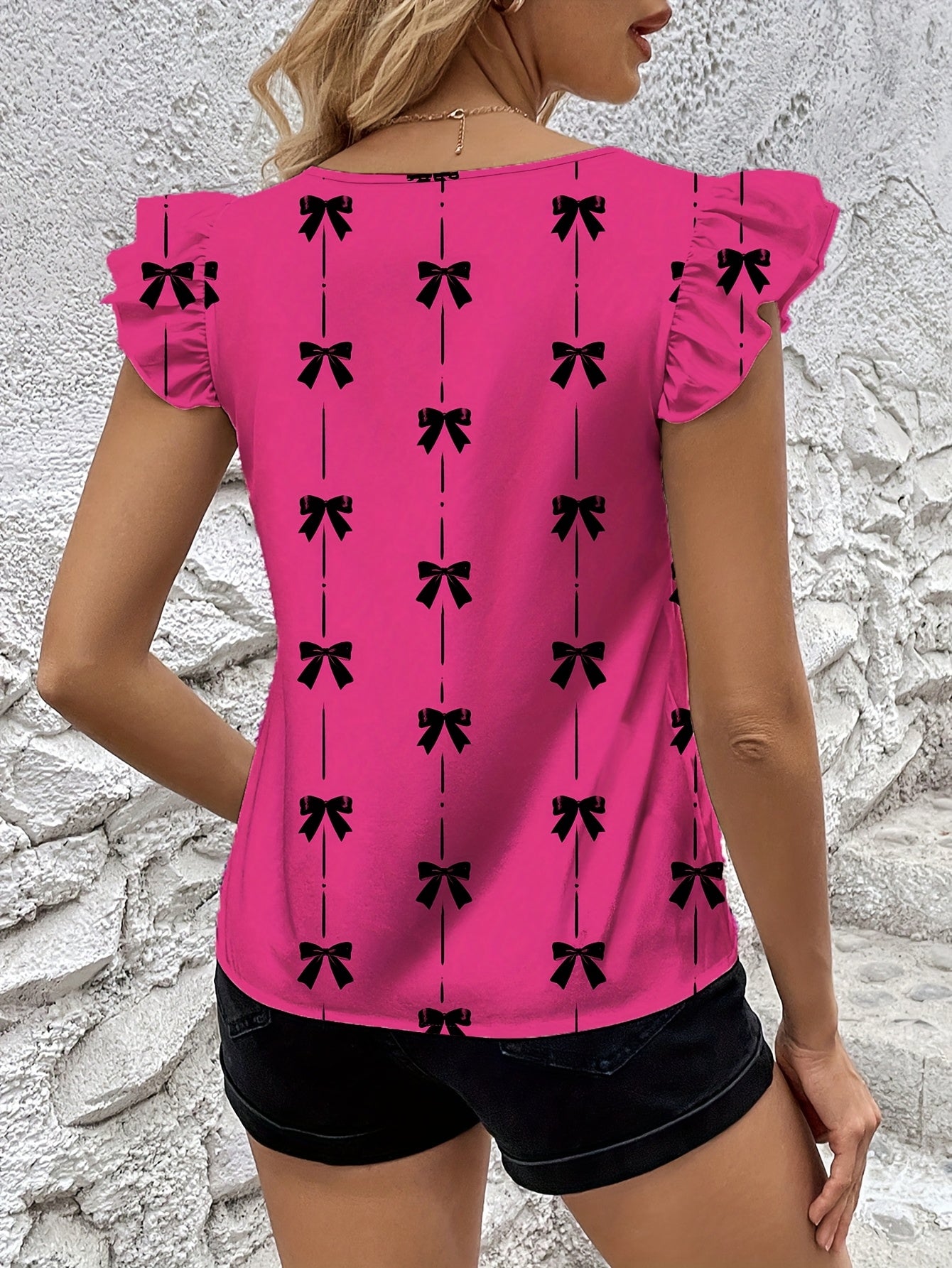 Graceful Women's Bow Print Flutter Sleeve Blouse Short-Sleeve Top