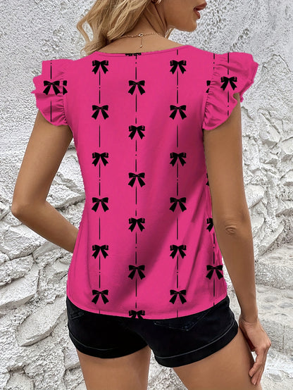 Graceful Women's Bow Print Flutter Sleeve Blouse Short-Sleeve Top
