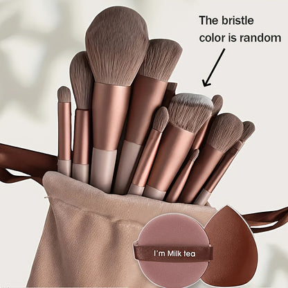 13pcs Makeup Brush Set + 2pcs Brown Makeup Sponges, Eye Shadow, Foundation, BB Cream, Concealer Makeup Brushes, Soft All-In-One Makeup Tools for Women