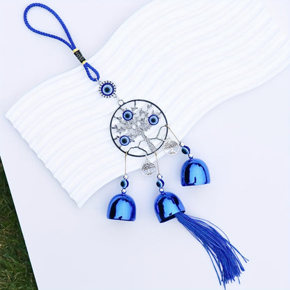 1pc Blue Evil Eye Wind Chime with Tassels – Metal Wall Hanging Decor for Outdoor, Balcony, or Patio – Intricate Design with Bells and Threads in Blue and Yellow, Wind Chimes for Outside